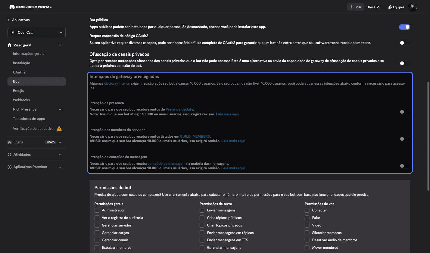 Seção Intenções de gateway privilegiadas com as três chaves desligadas