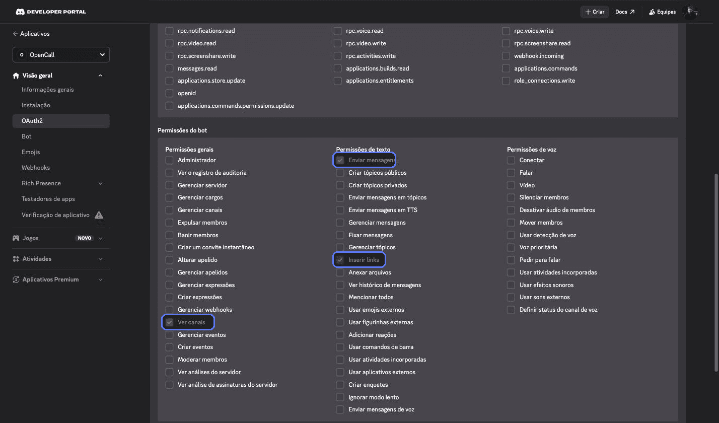 Checkboxes de Ver canais, Enviar mensagens e Inserir links marcados no gerador de URL