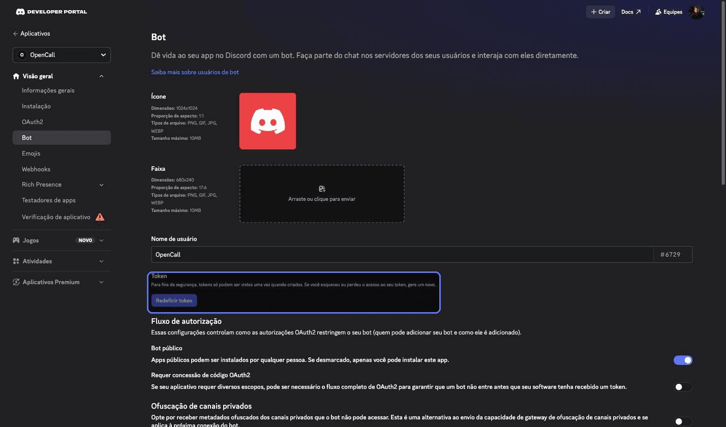 Seção Token na aba Bot com o botão Redefinir token em destaque