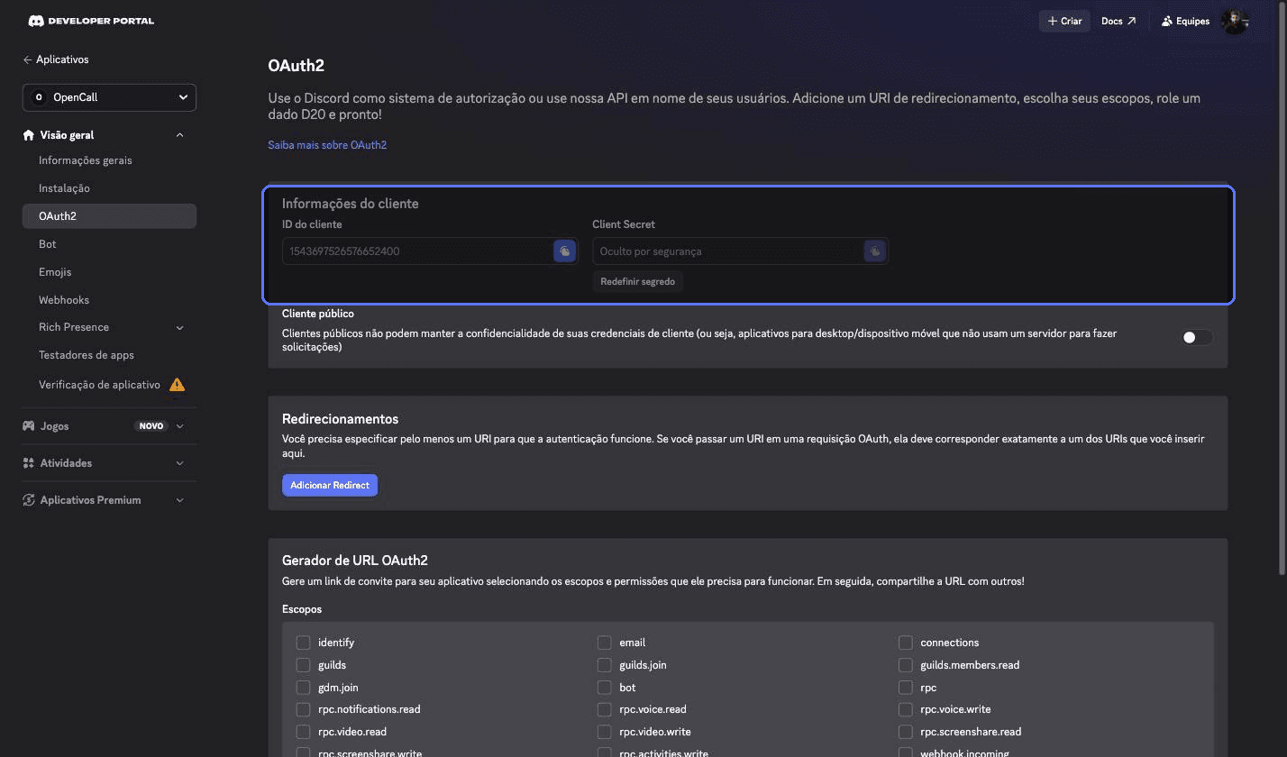 Tela de OAuth2 do Discord Developer Portal com Client ID e Client Secret em destaque