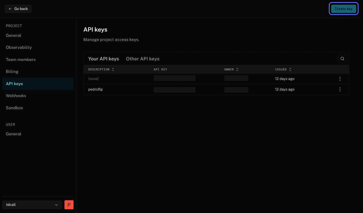 Lista de API keys do projeto com o botão Create key em destaque