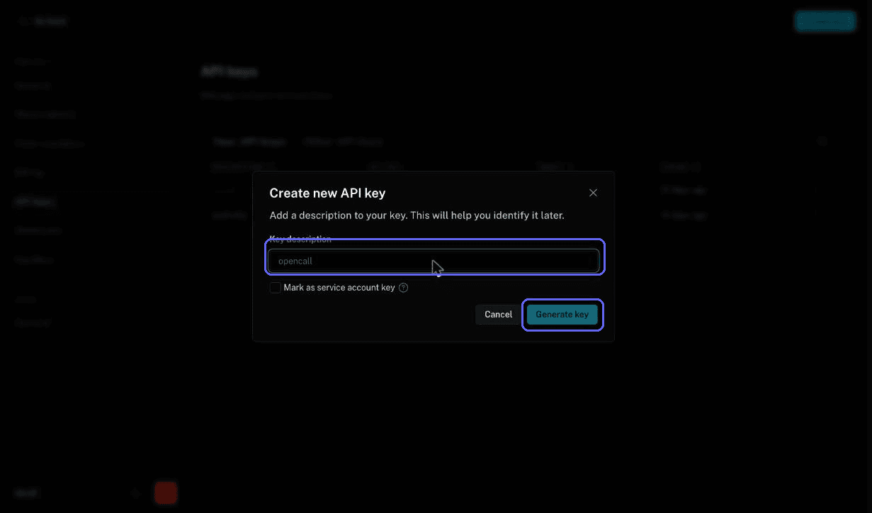 Diálogo de criação de uma nova API key
