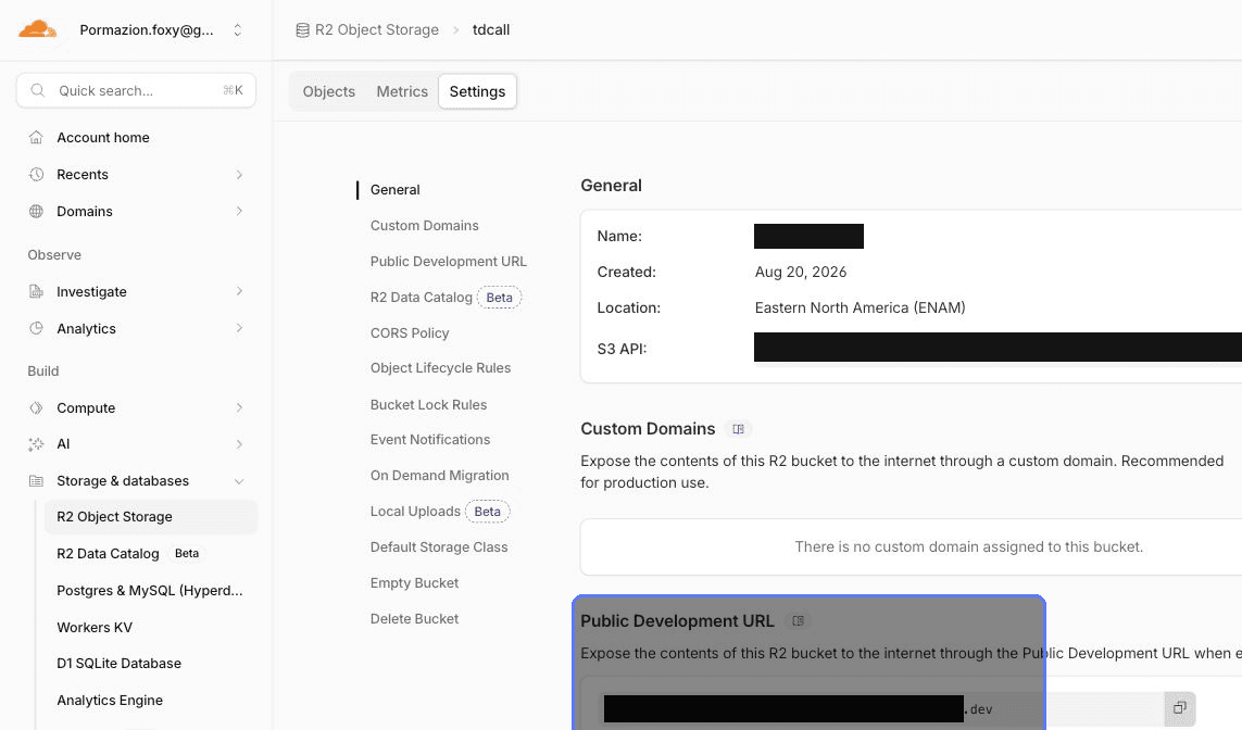 Seção Public Development URL nas configurações do bucket