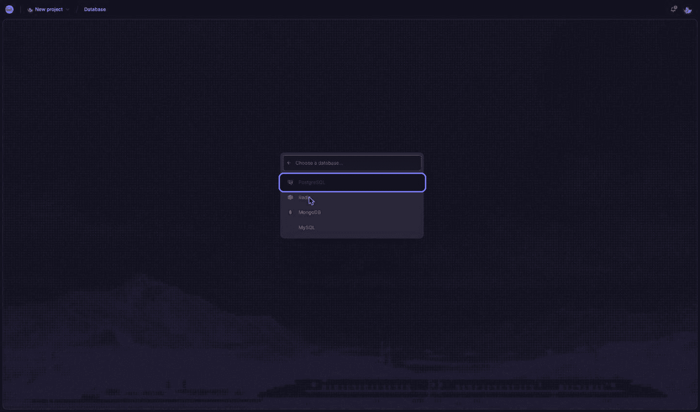 Menu de escolha de banco de dados com PostgreSQL em destaque
