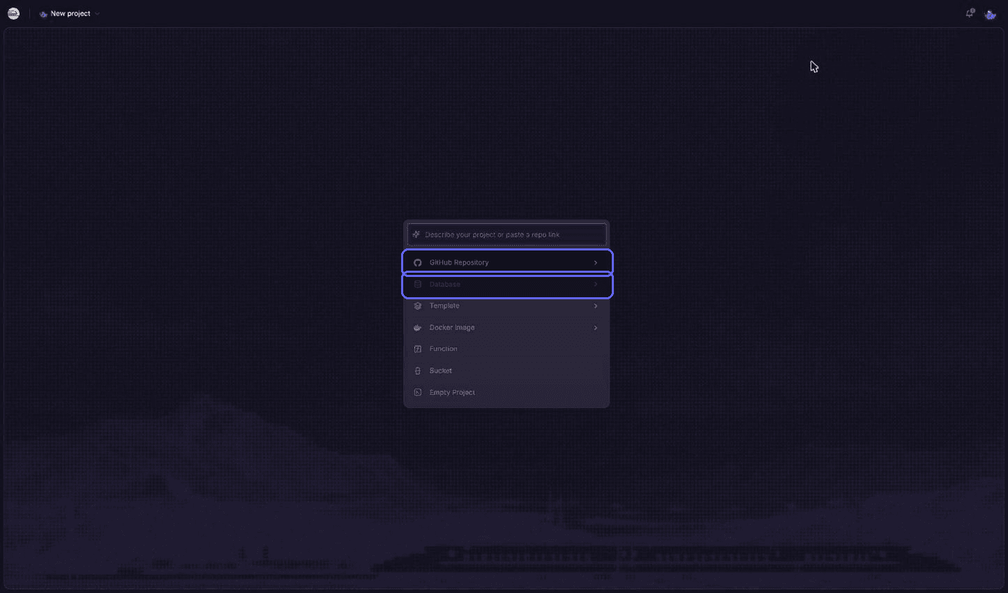 Menu de novo projeto no Railway com GitHub Repository em destaque